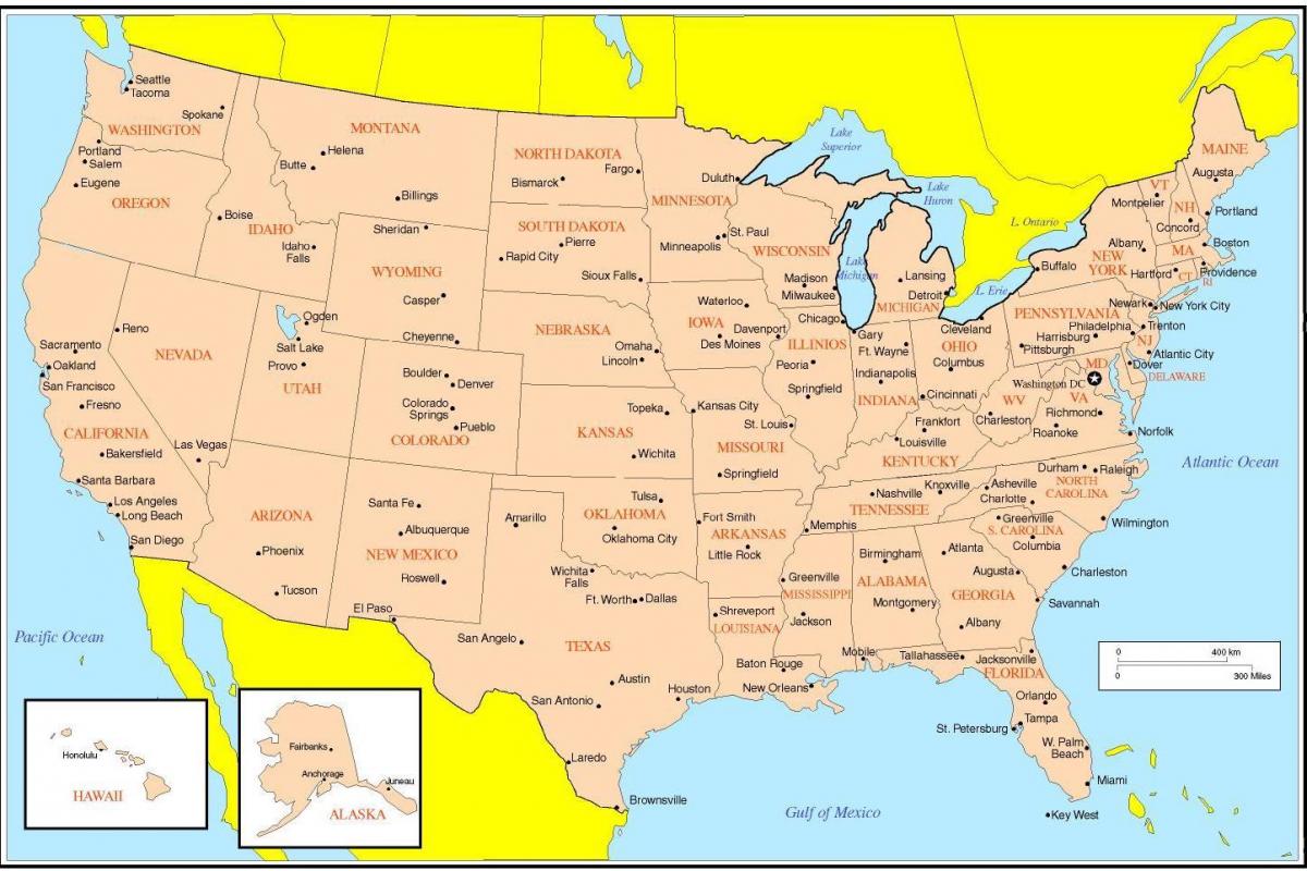 Kaart van de Verenigde Staten met de belangrijkste steden