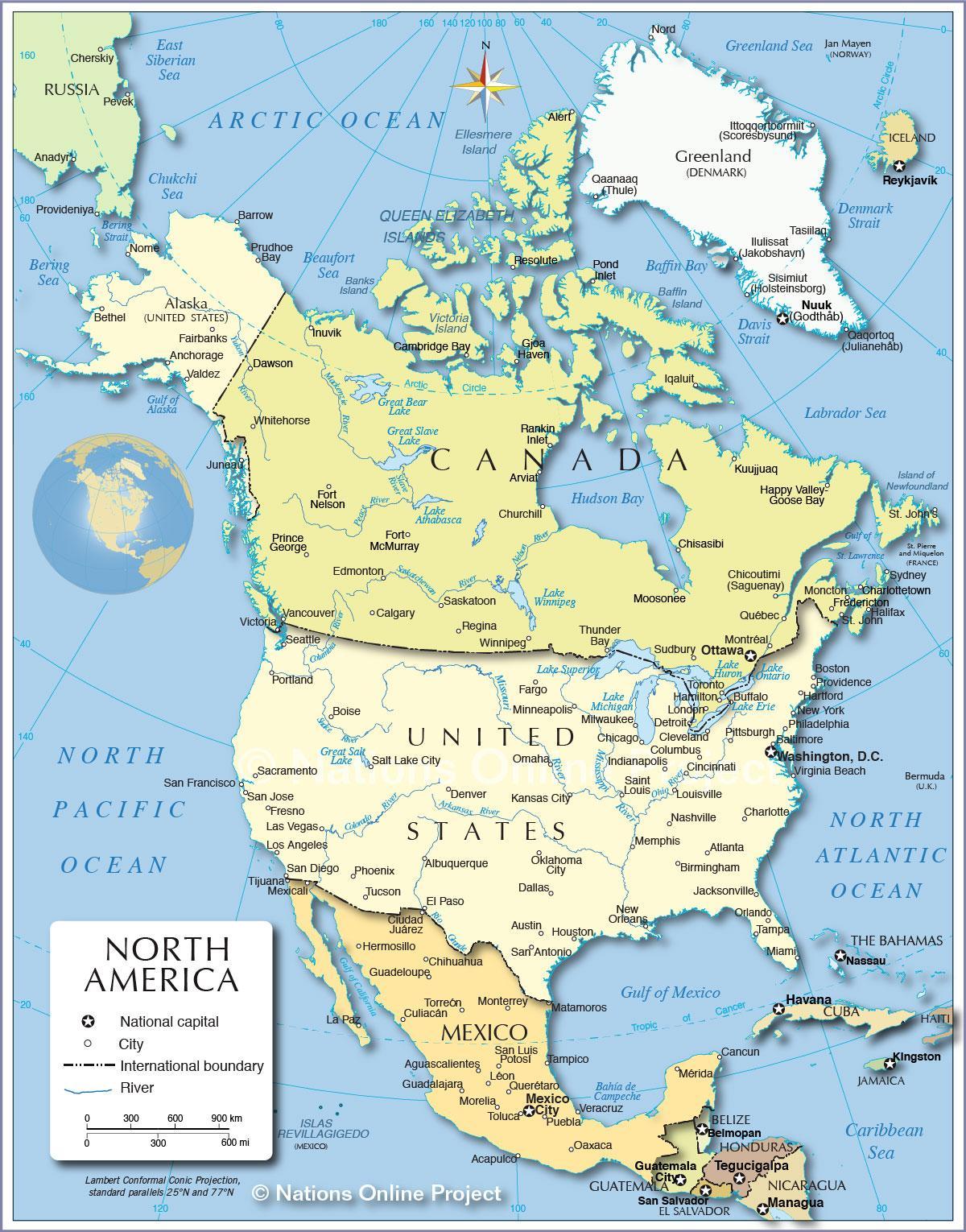 Kaart van de Verenigde Staten en de aangrenzende landen