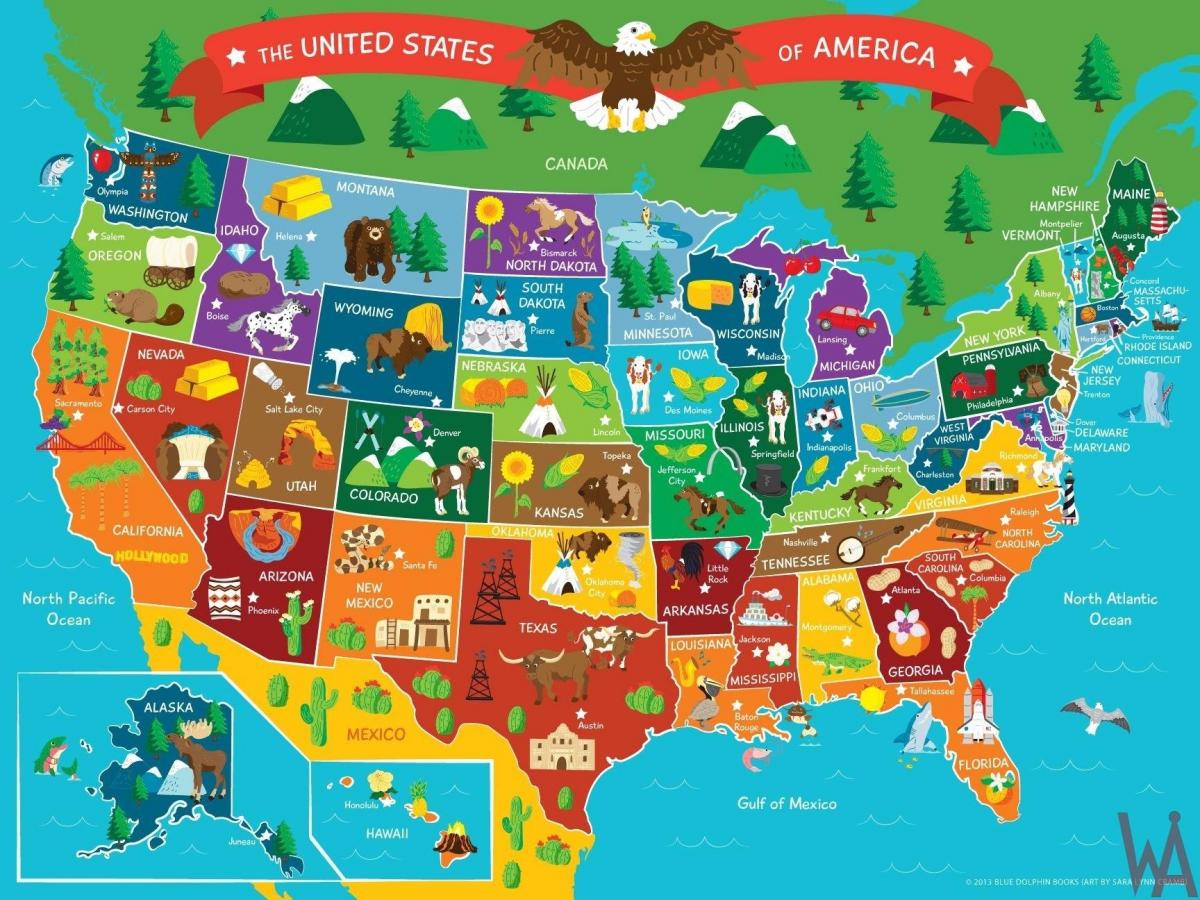 Kaart met toeristische attracties in de VS