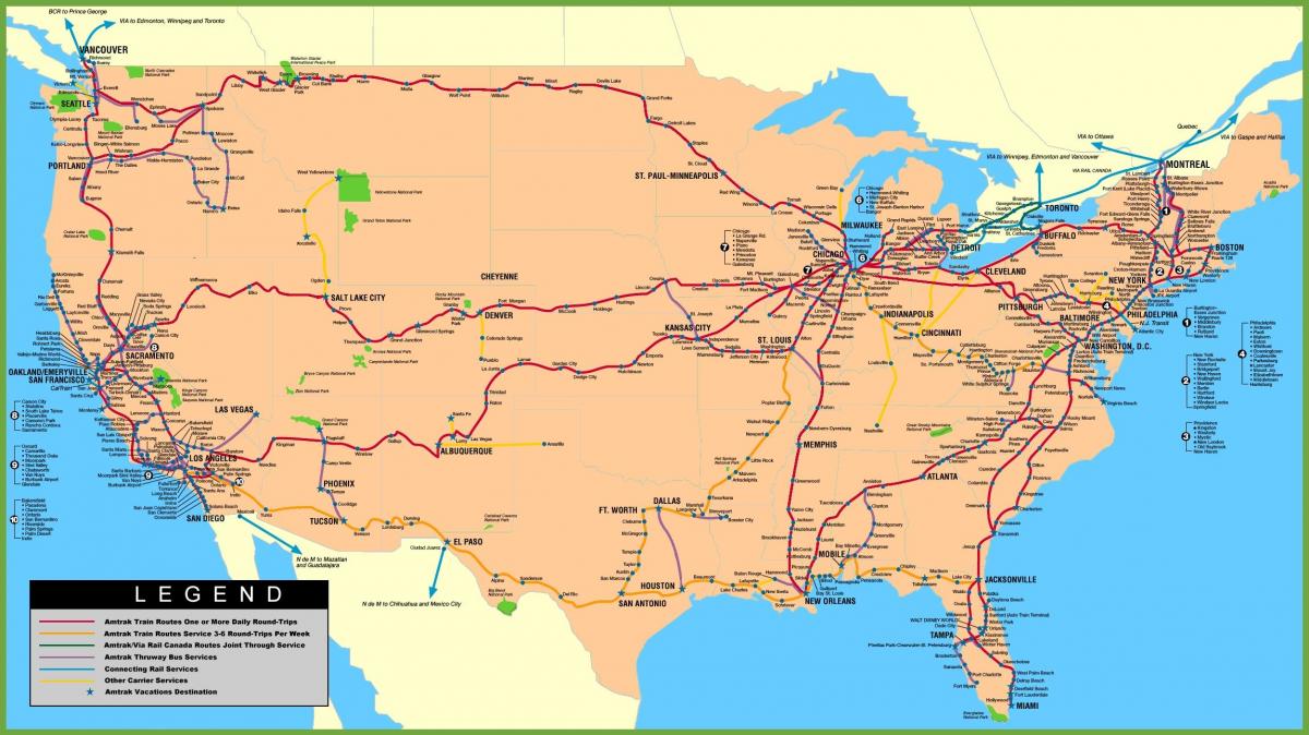 Kaart van de spoorlijnen in de Verenigde Staten